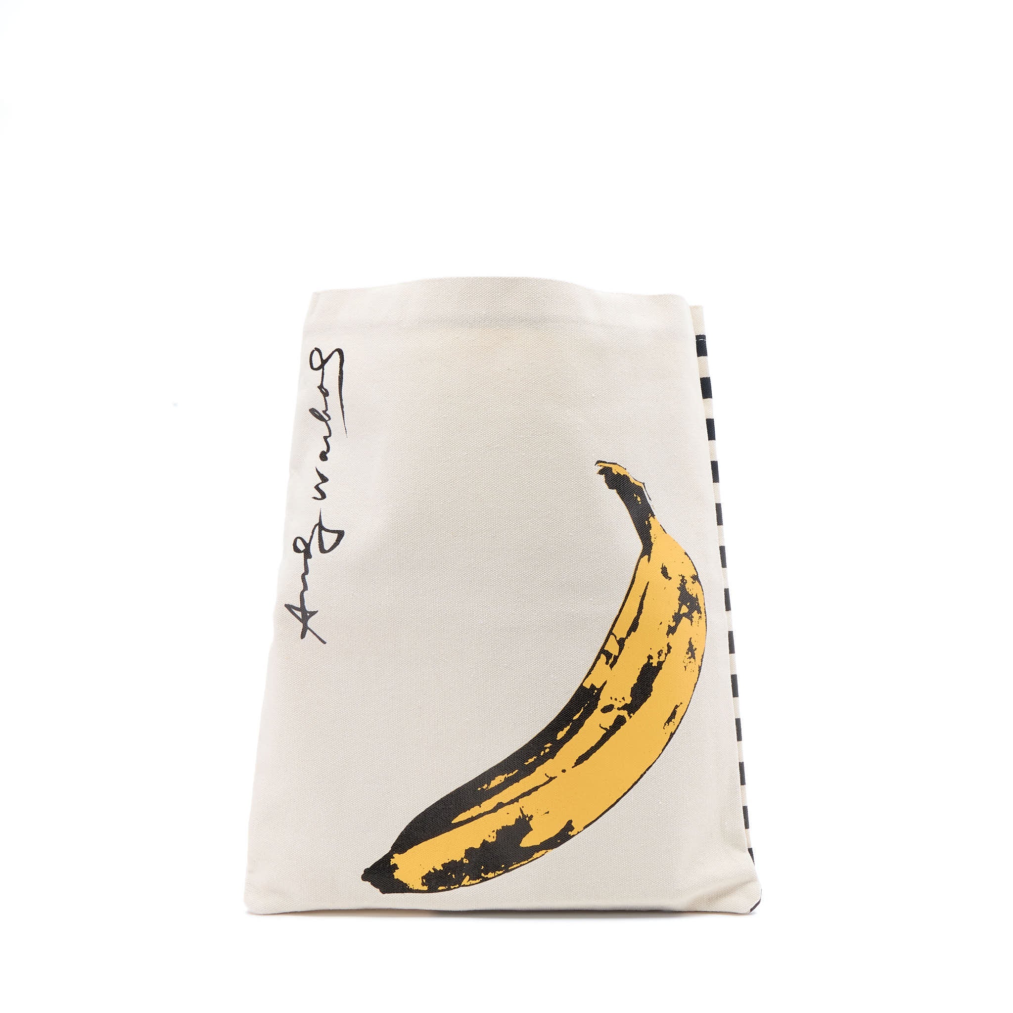 Andy Warhol tote bag with a banana graphic and text on a white background