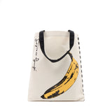 Andy Warhol tote bag with a yellow banana design and black text on a white background