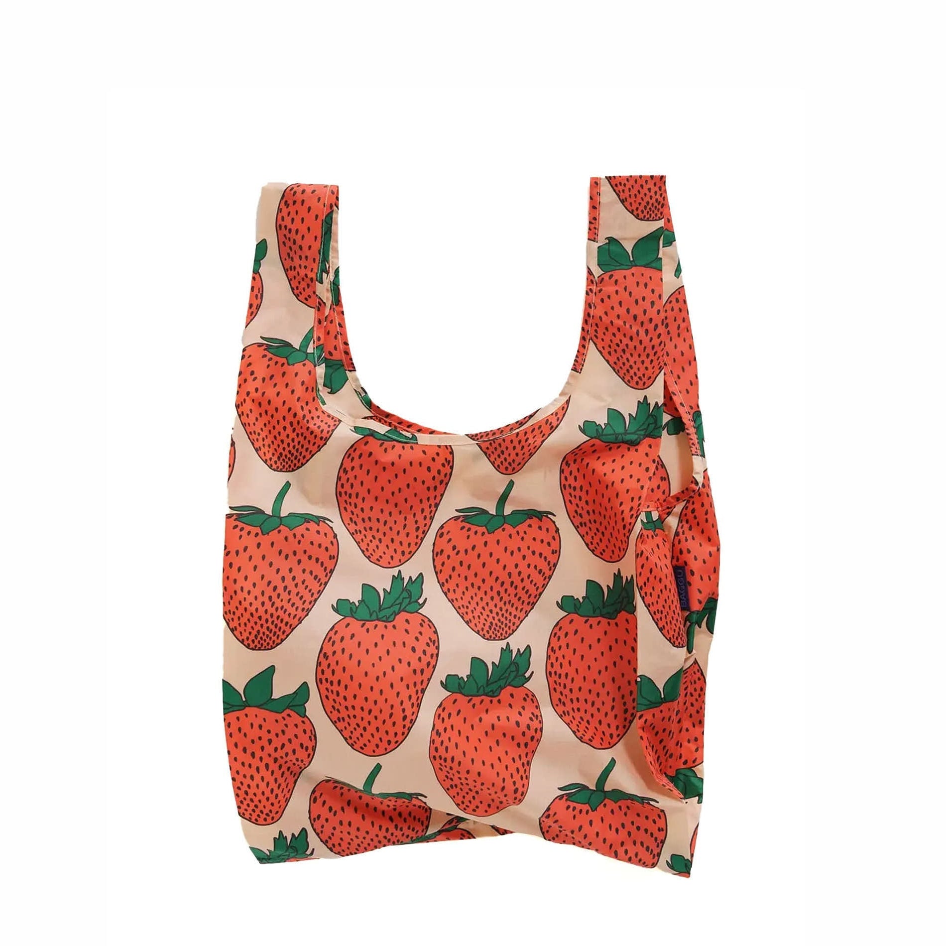 Baggu Reusable bag with strawberry pattern on a beige background