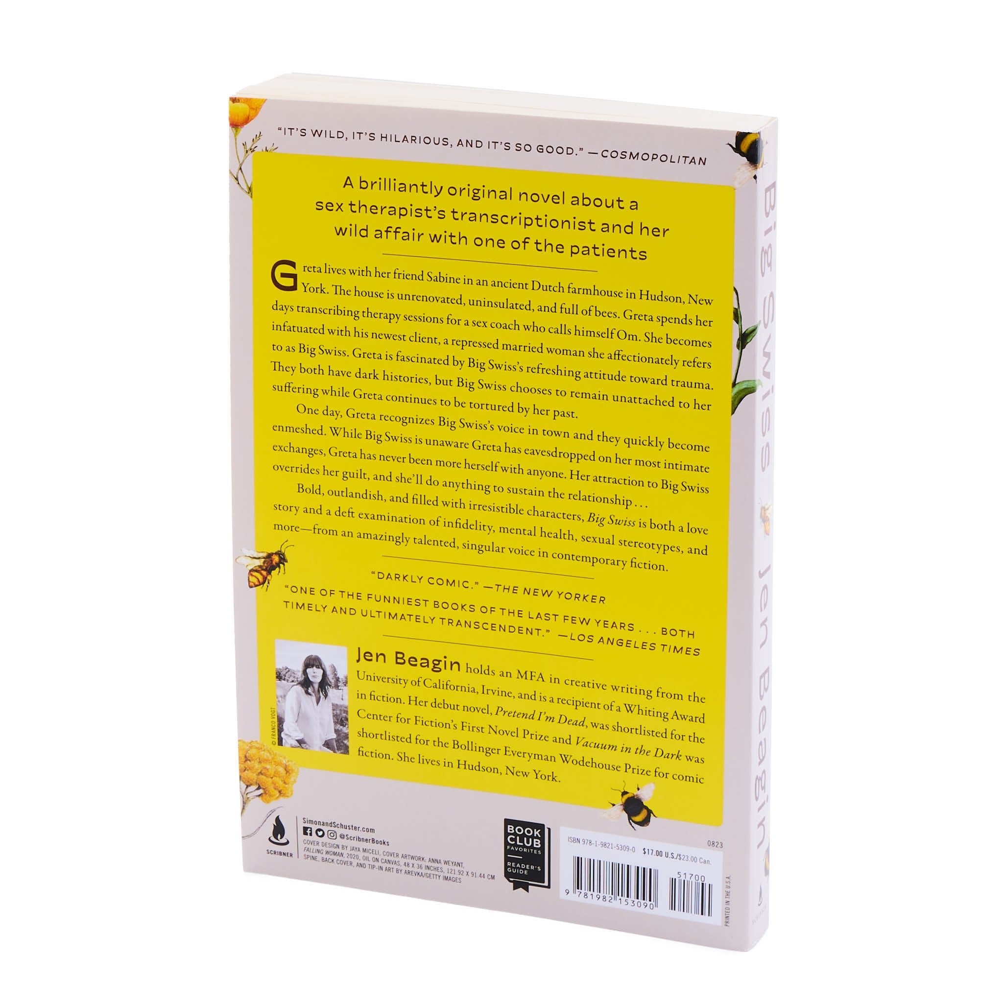 Back cover of 'Big Swiss' by Jen Beagin featuring a book summary, promotional quotes and an author biography and portrait.