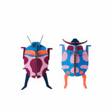 Colorful beetle-shaped objects on a white background