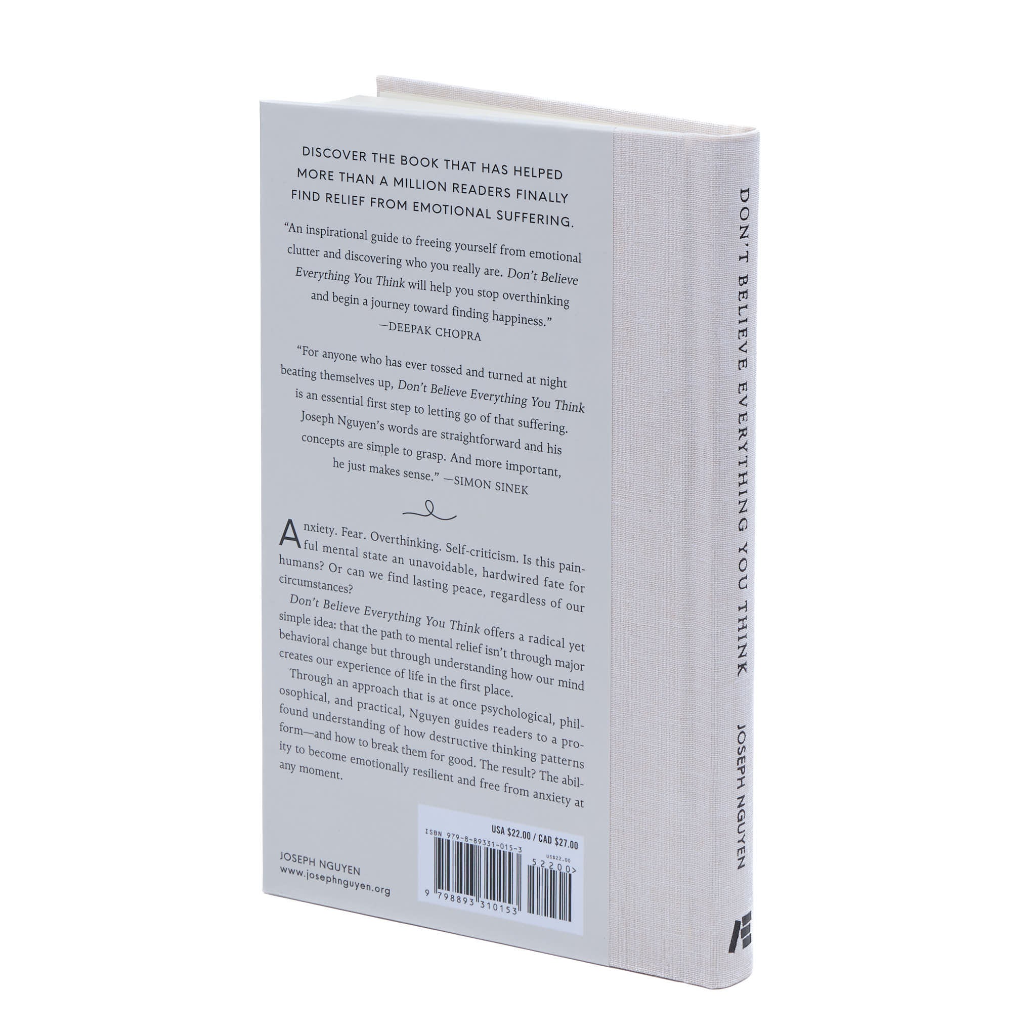 Back cover for 'Don't Believe Everything You Think' by Joseph Nguyen featuring the book's summary and promotional quotes.