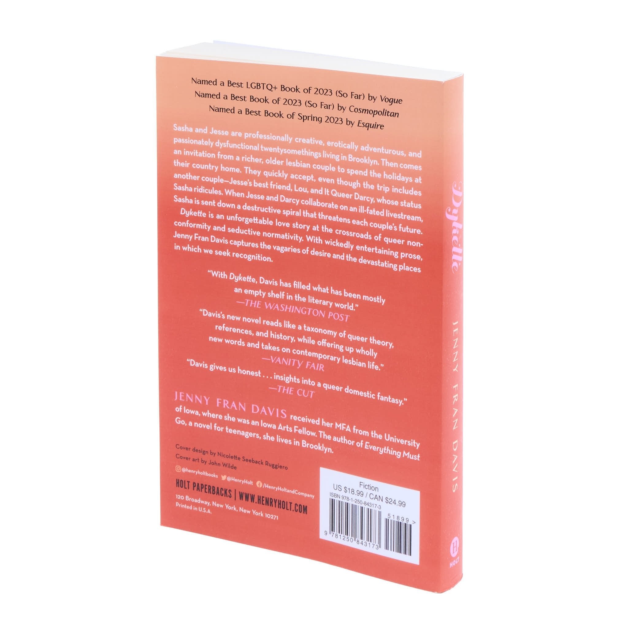 Back cover of 'Dykette' by Jenny Fran Davis with promotional quotes, book summary and author biography.