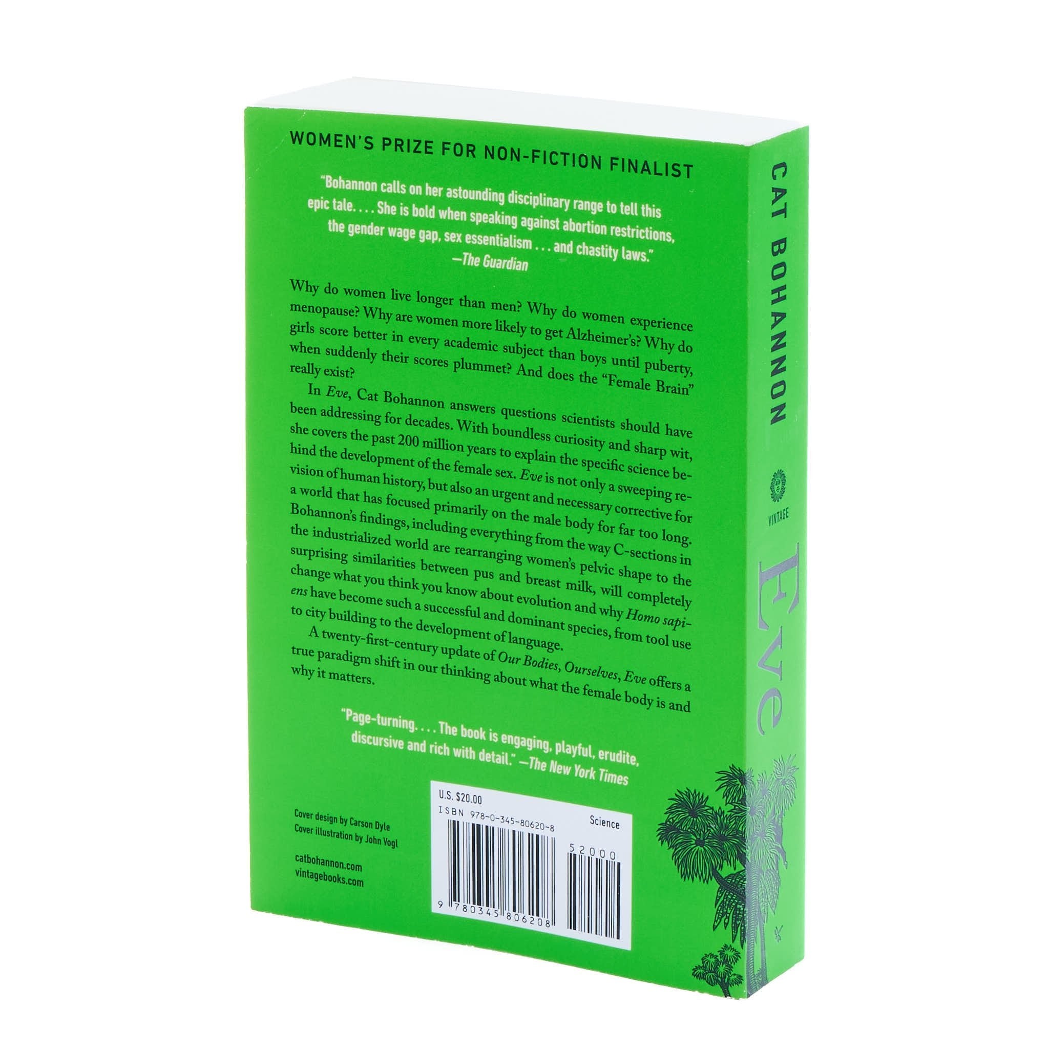 Back cover of Eve by Cat Bohannon with promotional quotes and book summary.