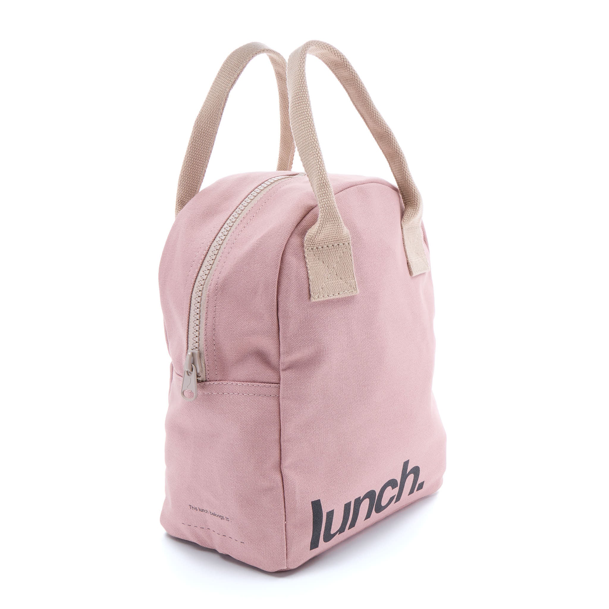 Fluf Pink lunch bag with 'lunch.' text on a white background