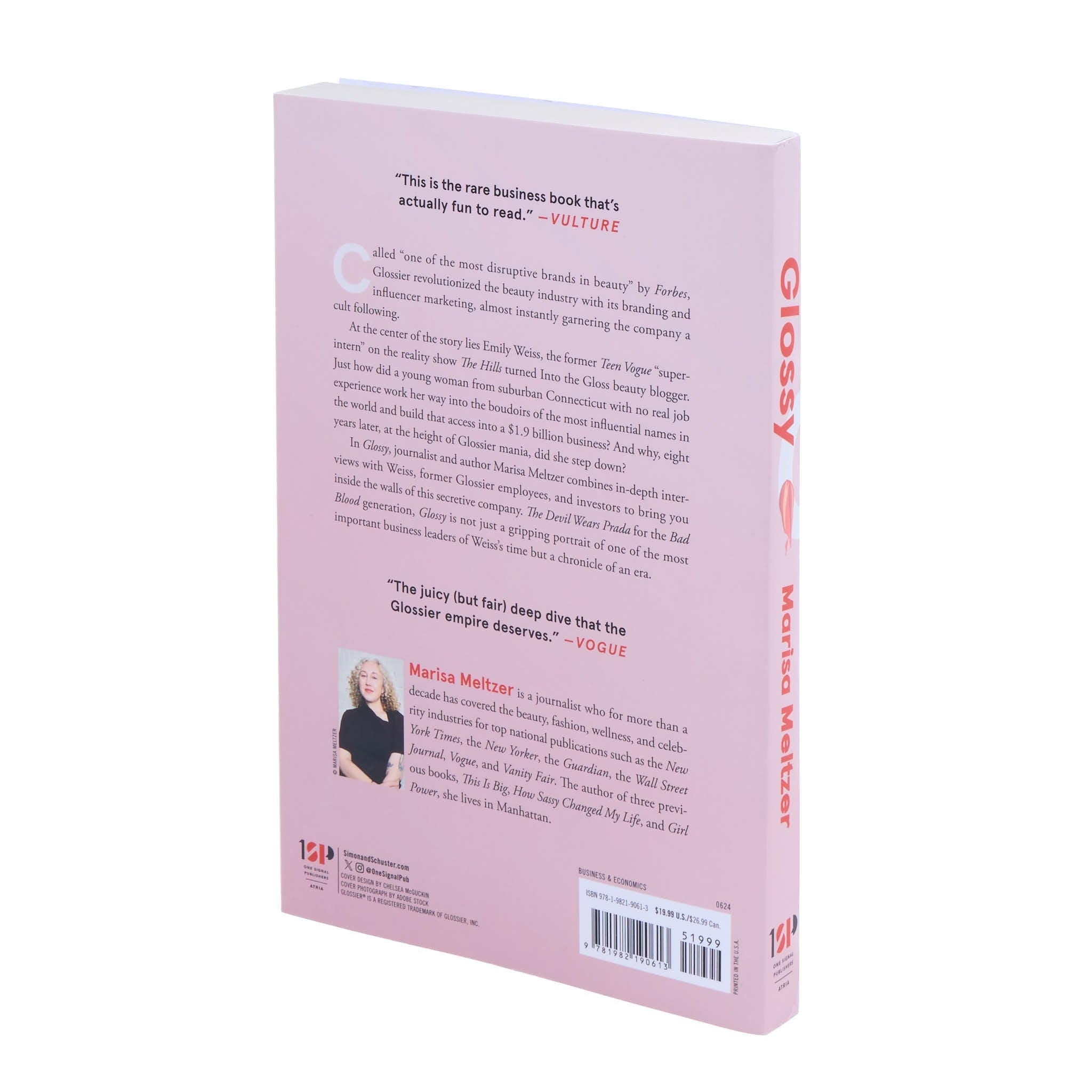 Back cover of 'Glossy' by Marisa Meltzer featuring summary, promotional quotes and an author bio with portrait of the author.