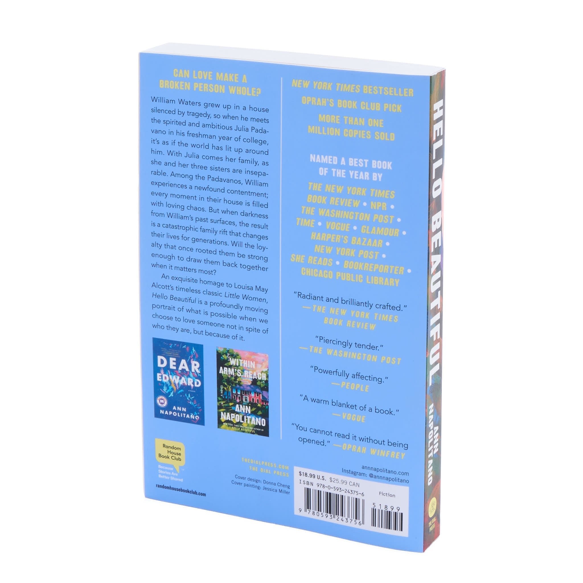 Back cover of 'Hello Beautiful' by Ann Napolitano featuring a book summary, promotional quotes and books by the same author.