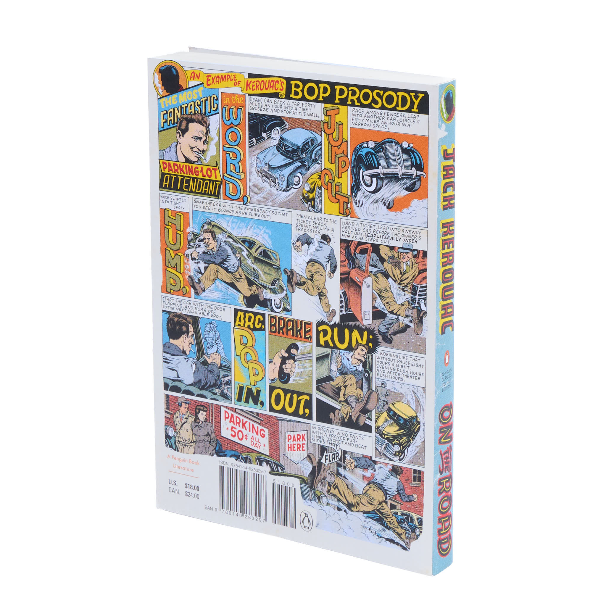 Back cover of 'On the Road' by Jack Kerouac with comic book illustrations.