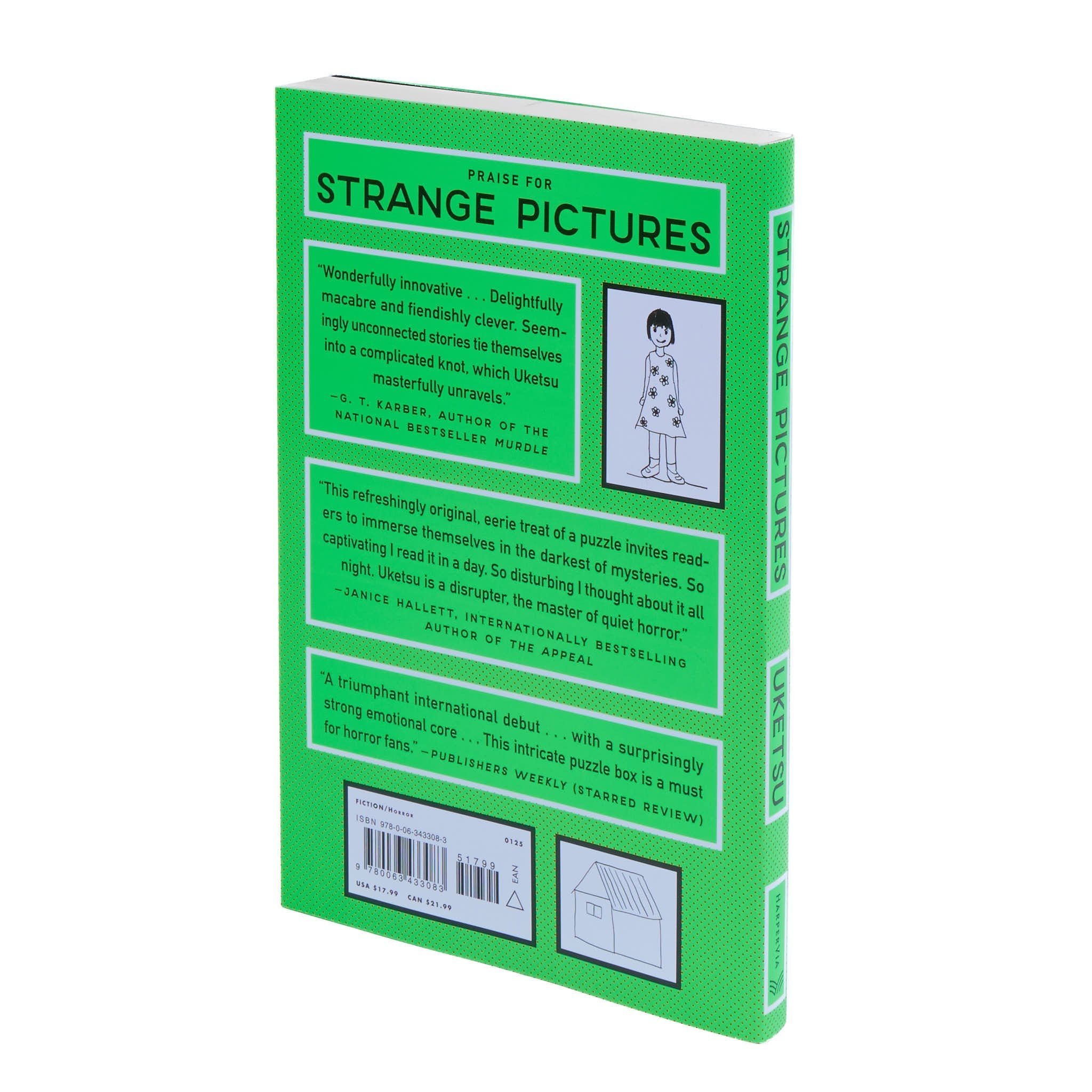 Green back cover of 'Strange Pictures' by Uketsu with promotional quotes.