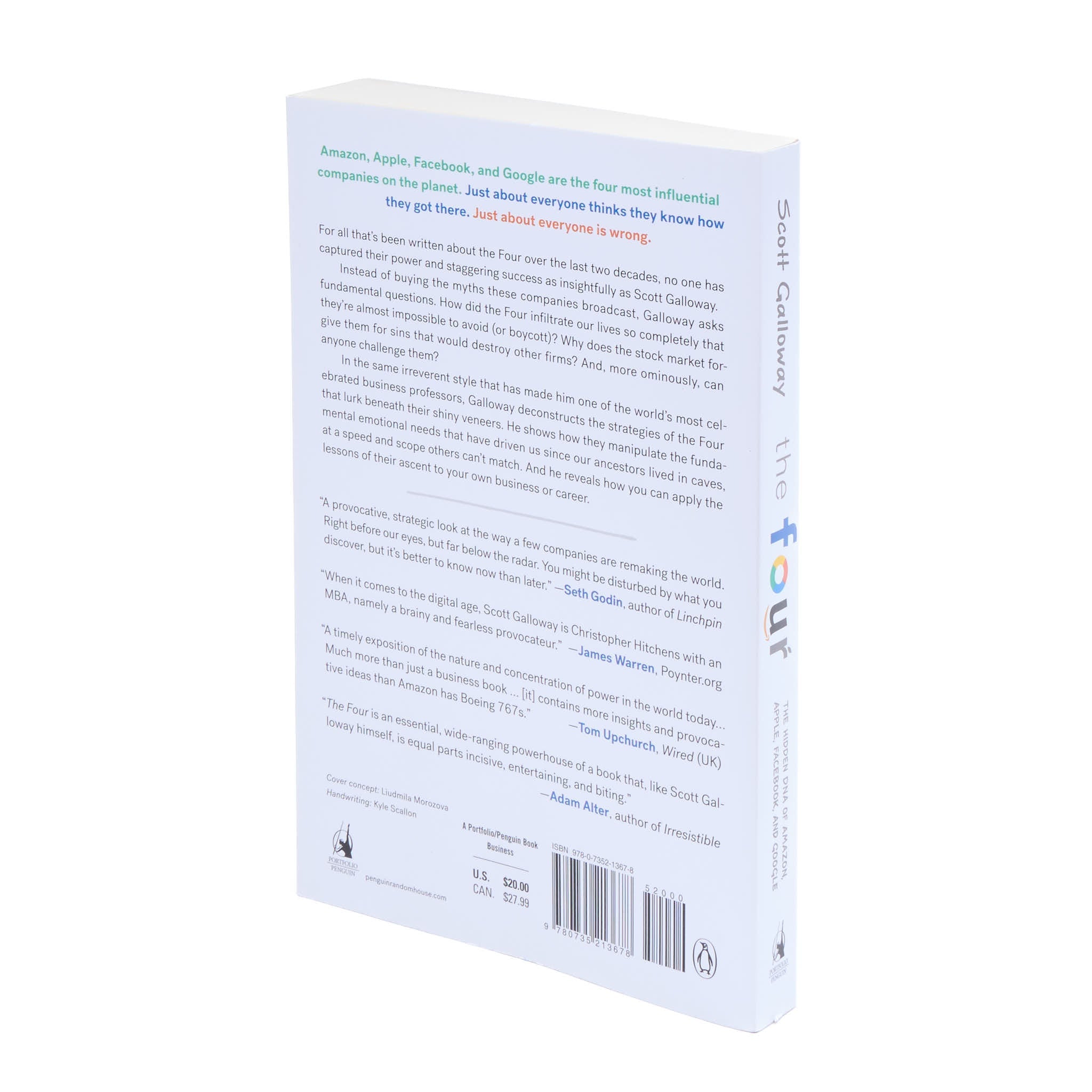 Back cover of 'The Four' by Scott Galloway with promotional quotes and a book summary.
